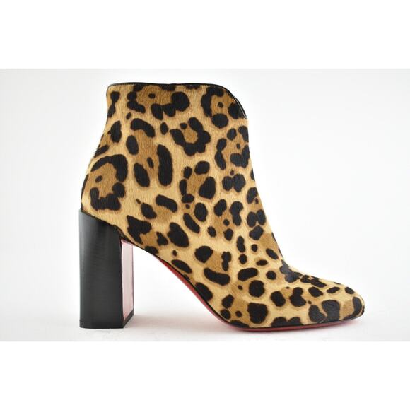 Christian Louboutin Castarika 85 Pony Leopard Black Ankle Block Heel Bootie 37.5 - Picture 2 of 11